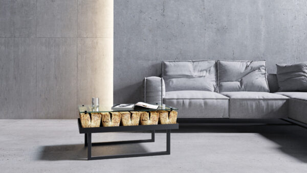 Ława ALEPPO 110 szkło i stare drewno premium do eleganckiego wnętrza